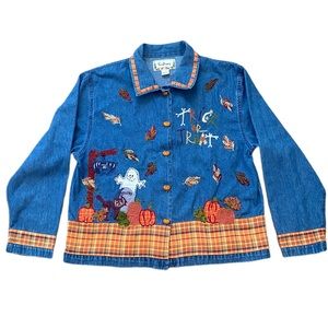 Vintage Tantrums Halloween Pumpkin Denim Jean Jacket Shirt Women’s L